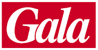 Gala logo in white serif font over red background