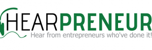 Hearpreneur logo in white and dark green text with headphone icon